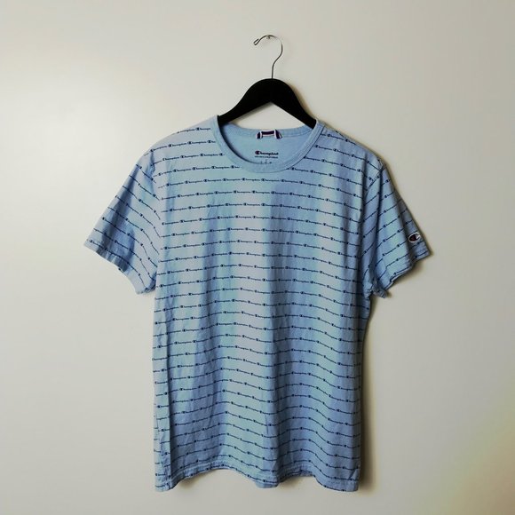 Champion All Over Print T Shirt Graphic Tee Short Sleeve Cotton Logo Blue Large - Picture 7 of 7